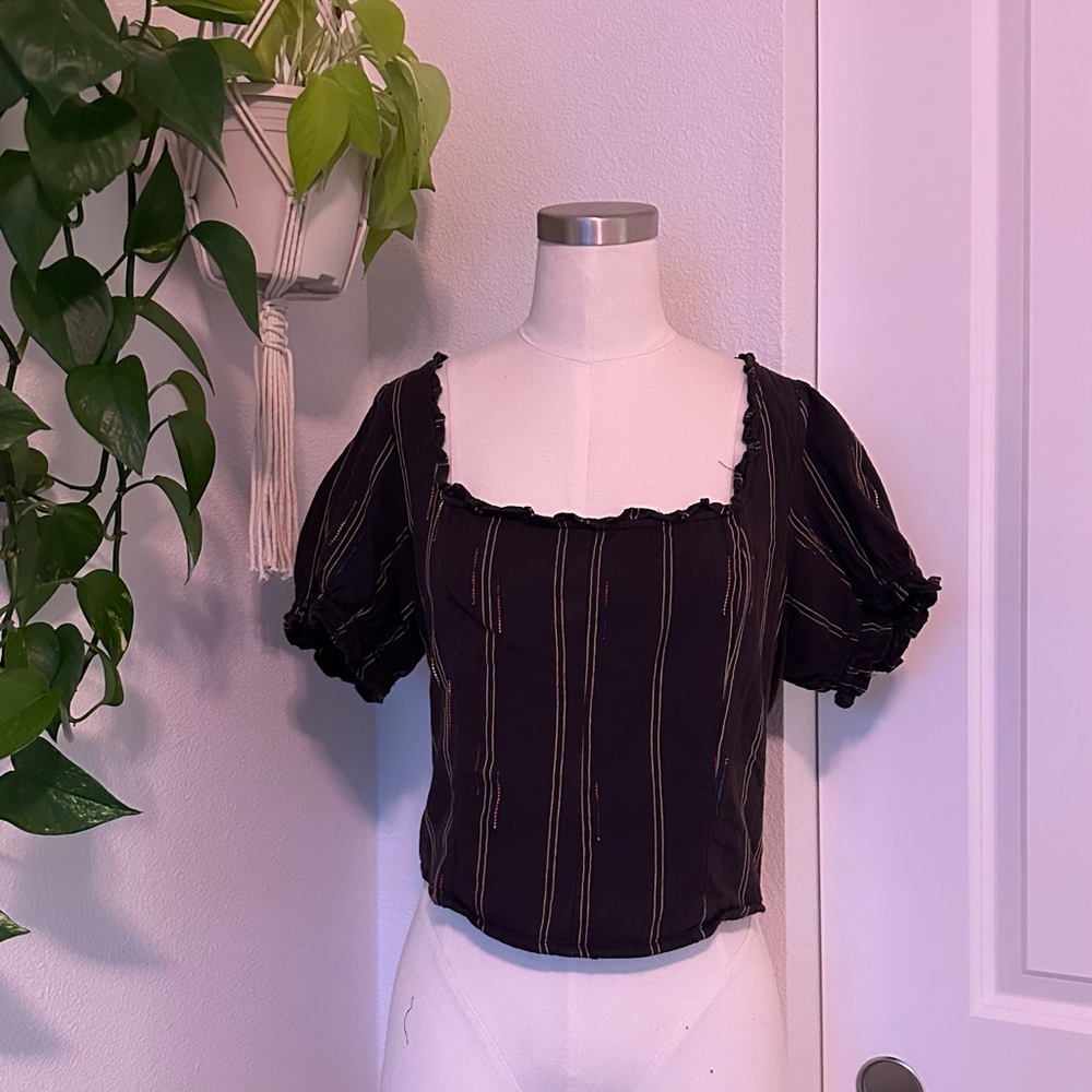 Free People Brown Striped Peasant Top Blouse